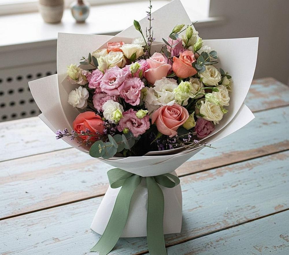 Букет цветов из: Розы, Лизиантусы и Гвоздики в Вичуге